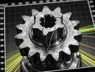 Technical high-contrast black and white macro photograph of a fractured metal gear tooth, displayed on a digital grid screen with measurement overlays and stress heatmap lines