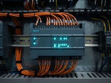 Macro shot of industrial PLC module with glowing cyan status lights, wired neatly with safety orange cables, high-contrast technical lighting, sharp focus, 35mm