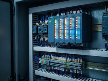 Macro shot of glowing PLC status lights and neatly organized wiring inside an industrial electrical panel, cool blue and amber tones, high-contrast technical lighting, sharp focus, 35mm