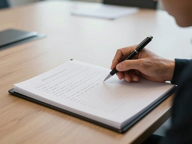 Close-up of a practitioner's open case file on a conference room table, handwritten margin notes visible, a pen resting across the page, natural office daylight, documentary realism, no people visible
