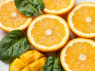 Vibrant macro shot of sliced oranges, bright green spinach, and frozen mango chunks ready to be blended, illuminated by high-key natural light.