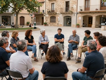 A group of local residents sitting in a circle in a public park in Cervelló, engaged in discussion, daylight, authentic