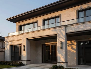 Editorial architectural photography of a premium modern residential villa exterior, clean limestone facade, dramatic twilight lighting, sharp details.