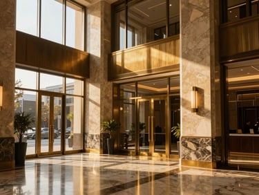 Editorial architectural photography of high-end office lobby interior, polished marble floors, brass details, dramatic golden-hour sunlight streaming through windows.