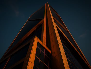 Low-angle heroic architectural shot of a modern corporate tower facade in Riyadh, dramatic golden hour light reflecting off dark glass and brass panels, sharp details, high contrast