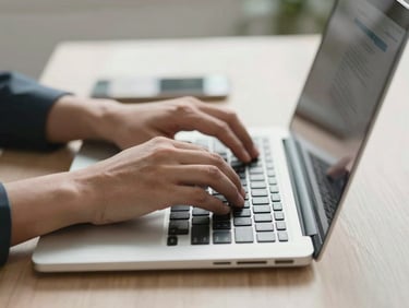 Close-up of hands typing on a laptop keyboard on a clean, organized office desk, bright neutral daylight, professional atmosphere, no faces visible.