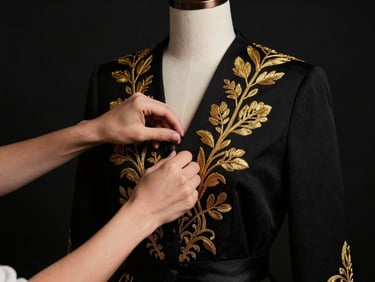high-fashion editorial photography, dramatic low-key studio lighting, deep black backdrops, rich gold accents, hands adjusting a structured black garment with gold embroidery on a mannequin, 35mm