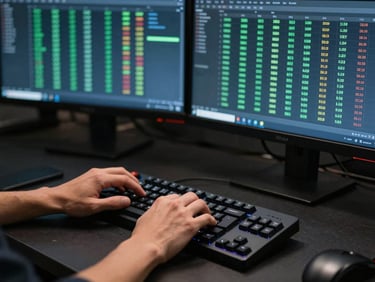 Tight medium shot of a practitioner's hands resting on a mechanical keyboard, two monitors in background both showing scrolling native ad dashboards with green metric columns and live bid charts, cool blue screen glow the only light source, dark near-black desk surface, no face visible