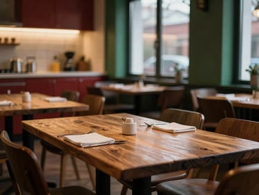 A cozy, Scandinavian-style restaurant dining room at dusk, warm window shadows, soft kitchen glow in the background, empty rustic wooden tables