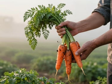 A local farmer's hands holding a bunch of freshly harvested heirloom carrots with soil still on them, misty morning field background, soft diffused natural light