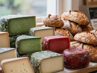 A close-up of a vibrant market display featuring artisanal cheeses and fresh sourdough bread, soft natural window light, rich forest green and crimson tones