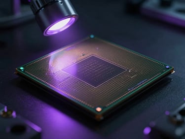 Macro cinematic close-up of a glowing silicon wafer in a dark cleanroom, illuminated by sharp single-source electric purple light, deep shadows