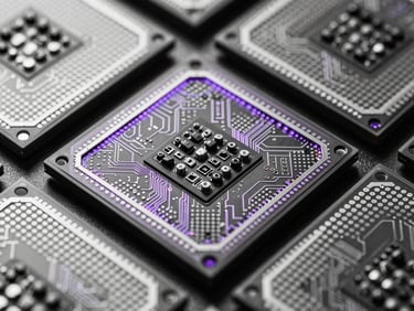 Macro shot of silicon wafers and processor nodes, high-contrast monochrome with electric purple light leaks.
