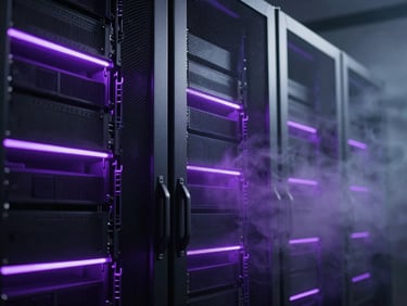 Cinematic close-up of high-tech server racks in a dark data center, illuminated by sharp electric purple neon lines, dramatic shadows, volumetric fog.