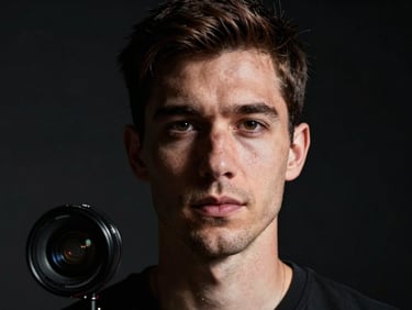 Moody high-contrast portrait of a digital creator in a dark studio, face partially obscured by sharp shadows.