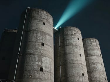 Cinematic low-angle shot of a brutalist concrete server facility under a dark sky, single beam of cyan light.