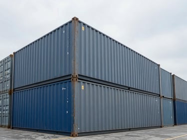 Wide-angle architectural shot of a modern shipping port container terminal under cool overcast daylight, steel blue and grey tones, sharp lines, 35mm