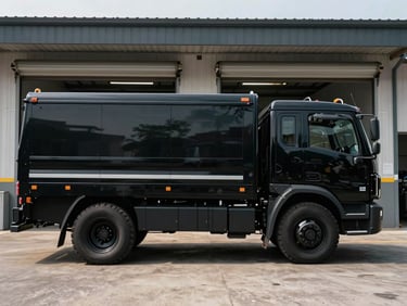 A powerful black utility truck parked outside a clean service bay, side profile, natural daylight.