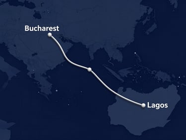 A precise minimalist vector-style route map showing a clean flight path corridor connecting Bucharest, Romania and Lagos, Nigeria over a dark blue background with technical grid lines.