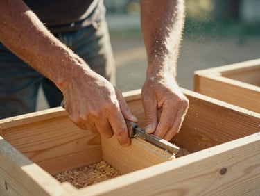 Candid close-up of hands assembling wooden planter boxes with tools, sawdust in the air, warm golden light, 35mm film grain.