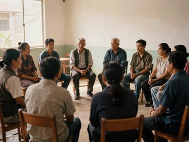 Candid mid-shot of local residents sitting in a circle talking in a bright community room, soft overcast light, 35mm film grain.