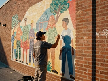 Candid photo of a volunteer painting a vibrant community mural on a brick wall, warm daylight, earthy tones, 35mm film grain.