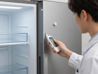 A technician checking the temperature sensor inside a modern double-door refrigerator using a digital thermometer.