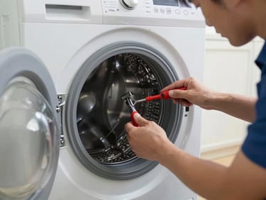 Technician repairing the drum assembly of a front-load washing machine with specialized tools in a bright room.