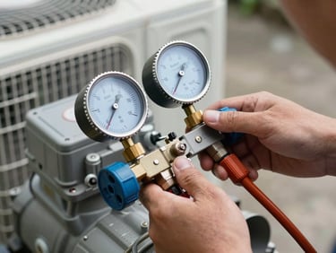 Close-up of a technician's hands using professional gauges to check gas pressure on an outdoor AC compressor unit.