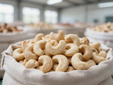 Macro close-up of high-quality raw cashew nuts in jute sacks inside a clean, bright daylight-filled export warehouse, sharp focus, technical industrial photography.