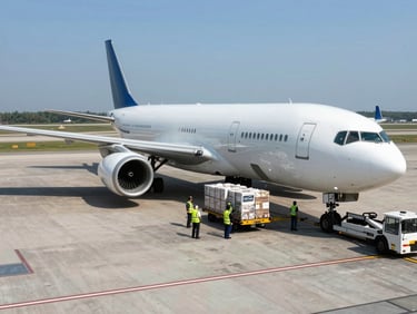 Wide panoramic view from above of a cargo aircraft on an airport apron at midday, hard direct sunlight casting geometric shadows under the fuselage and wing, ground crew in high-visibility vests loading sealed cargo containers via belt loader, no faces visible, tarmac lines and taxiway markings visible in foreground, blue sky horizon in the far background