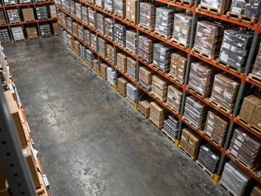 Overhead wide shot of a warehouse floor from a mezzanine, floor-level racks filled with sealed pallets and labeled boxes in precise rows, hard studio lighting from above casting orderly shadows, no workers, geometric grid composition