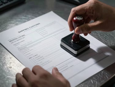 Extreme close-up of shipping customs documents on a steel desk under hard studio strobe lighting, a customs stamp mid-press onto an import declaration form, a Bill of Lading visible beneath with printed container numbers, hands in dark sleeves handling the paperwork, sharp shadows, no faces visible
