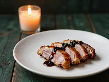 Artfully sliced duck breast with crispy skin on a white linen plate, drizzled with dark herbal sauce, warm candlelit background.
