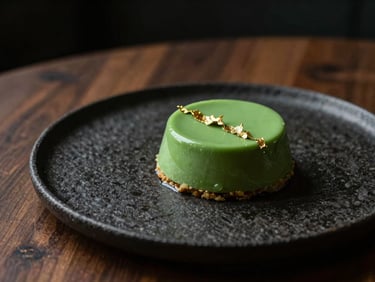 Elegant dessert plated on a textured dark stone tray, vibrant green mousse with gold leaf, minimalist composition.