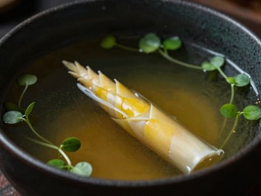 Close-up of a dark ceramic bowl with clear golden broth, a single delicate bamboo shoot slice, micro-greens, dramatic side lighting.