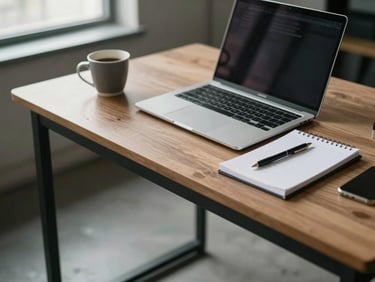 Close-up of a single open-plan desk with a laptop, notepad, and coffee cup, cool window light from the left, concrete floor visible below, no people, honest documentary framing