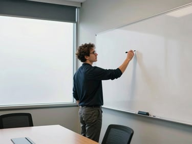 Wide shot of a person standing at a whiteboard in a small conference room, marker in hand, table with two chairs visible, cool daylight through a frosted glass panel, no text on the whiteboard, candid working moment