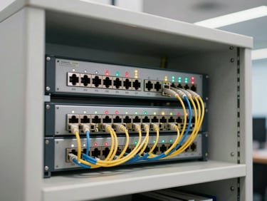 Detail shot of a network patch panel and fiber router mounted in a shallow wall cabinet at a coworking space, indicator lights visible, clean cable management, cool fluorescent ambient light, no people
