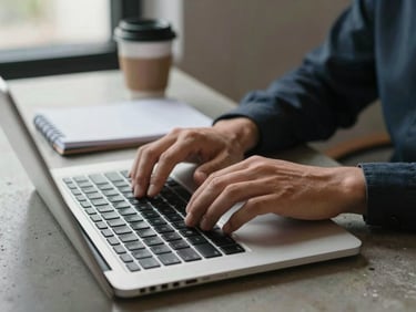 Close-up of a person's hands on a laptop keyboard at a coworking desk, a printed notebook and a coffee cup in soft focus behind them, cool window light from the left, concrete desk surface visible