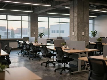 Wide shot of a coworking common area in the quiet early morning, empty desks with chairs pushed in, power outlets visible along a concrete pillar, cool daylight just beginning through large windows, no people