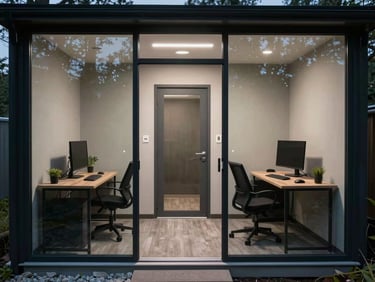Environmental shot of a private cabin office with glass walls, a single desk with a monitor and keyboard, door closed, corridor visible through the glass, cool overhead lighting, no occupant