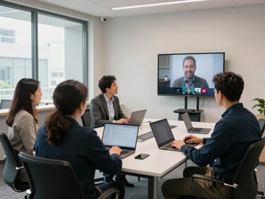 Wide shot of a small conference room with four people seated around a white table, laptops open, a wall-mounted display showing a video call, natural daylight through a glass partition wall, no staged smiling