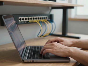 Hands-at-work close-up of someone typing on a laptop at a standing desk, fiber patch panel and ethernet ports visible on the wall behind, cool natural light, no decoration, purely functional workspace detail