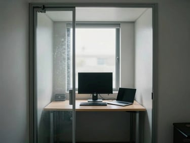 Interior of a small enclosed private office cabin, glass partition wall, single desk with monitor and laptop, cool midday daylight through narrow window, no occupant, clean and minimal