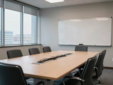 Conference room with a long table, six chairs, whiteboard on the far wall, large window with cool daylight, no people, cables neatly routed under the table, wide environmental framing