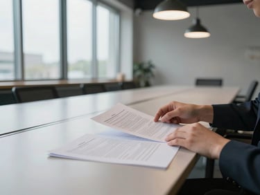Waist-up shot of a person at a long communal table reviewing printed documents, hands visible on paper, cool midday light from large windows, minimal desk items, industrial-style pendant lights above