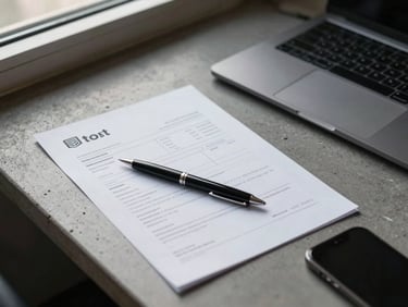 Close-up of a desk surface showing a laptop, a printed invoice or contract, a pen, and a phone face-down, cool midday window light from the upper left, concrete surface, no people visible