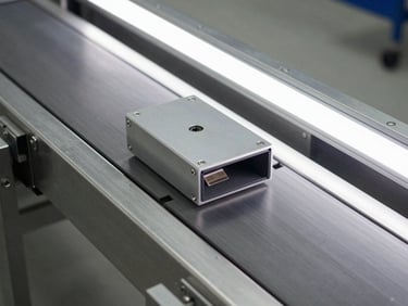 Close-up overhead view of a brand-new metal detector conveyor unit on a production floor, stainless steel housing under bright fluorescent light, no people, sharp technical detail on sensor housing and belt surface