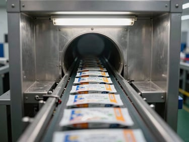 Close-up overhead view of a metal detector tunnel entrance at a packaging line, product packages moving on a conveyor belt entering the detection aperture, bright fluorescent lighting, stainless steel surfaces, no people